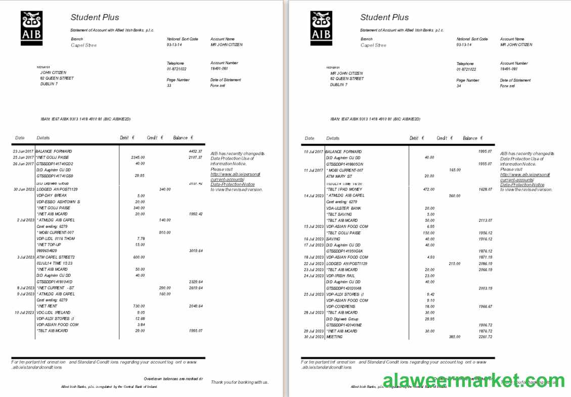 Ireland AIB bank statement template, Word and PDF format, 6 pages